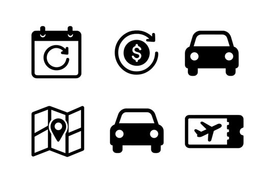 Simple travel and finance icons set with car, calendar, map, and ticket symbols