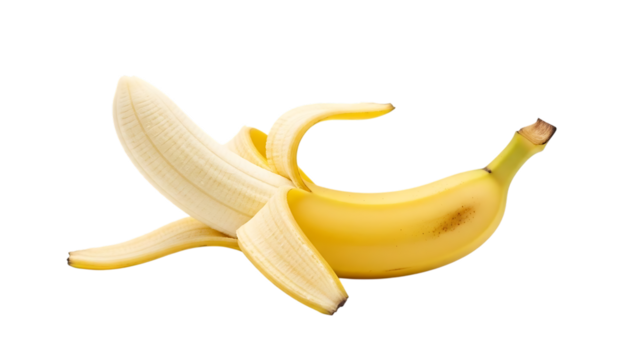 Ripe banana partially peeled isolated on a black background studio shot