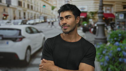 Fototapeta premium Young hispanic man crosses arms on street lined with cars and storefront facades beside sidewalk planters; rejection doubt.