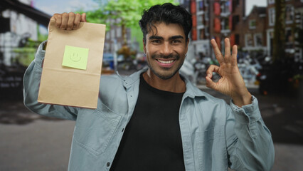 Man smiling and pointing finger to cardboard bag with smiley sticky note on crowded city street in...