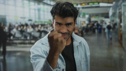 Young hispanic man clenching fist in busy airport terminal while staring at camera with intense gaze; determination.