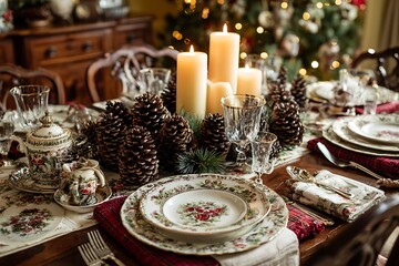 A dining table set for Christmas dinner, with a centerpiece of pine cones and candles, festive china, and silverware