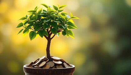 Growing money tree in pot, lush green leaves sprout from coins,  growth,   dollar