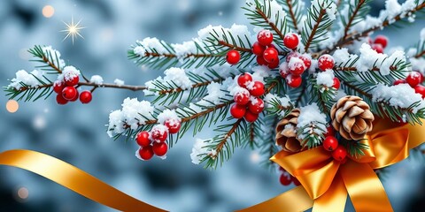 Sparkling snow-dusted pine branches with red berries and pinecones, gold ribbon,  winter,  Xmas