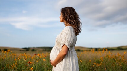 Pregnant woman standing in a field of flowers.