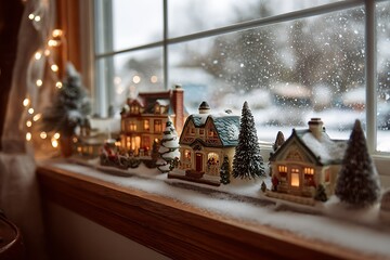 A cozy window sill adorned with a miniature Christmas village scene, with tiny houses and fake snow, as real snow falls outside 