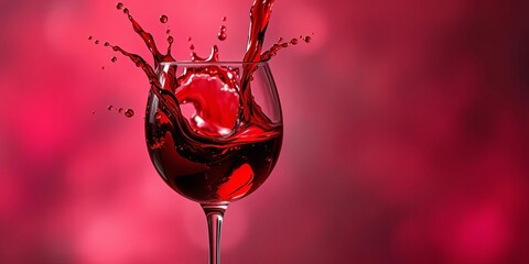 Crimson red wine splashing dramatically in a glass, creating dynamic droplets,   vibrant,  wine glass