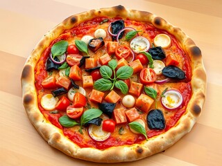 A whole pizza, generously topped with vibrant vegetables and herbs, showcasing a rustic crust,  pizza,  kitchen