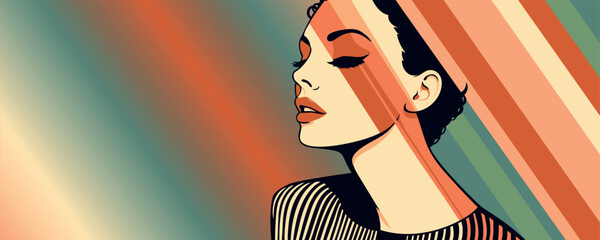 Portrait of beautiful woman in profile in 70s style,  template for advertising banner for cosmetics, perfumes, and women's clothing, vector