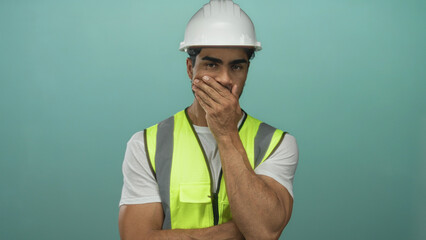 Young hispanic man wearing a white hardhat and neon safety vest touches lips for silence on a mint...