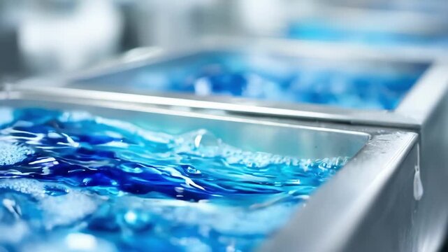 Close view of zinc electroplating bath with machinery parts submerged for protective anticorrosion metal coating in a clean manufacturing environment.