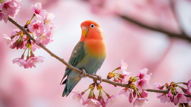 A colorful lovebird perches on a blossoming branch with pink flowers. Close up studio shot, soft colors.