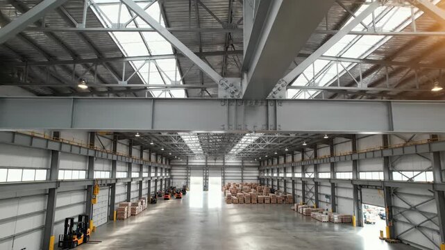 Spacious Industrial Warehouse with Forklifts and Cargo Stacked Neatly