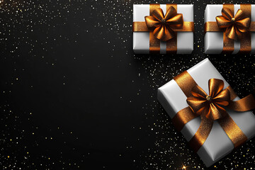 White gift boxes with golden ribbons and bows on black background with sparkling golden glitter festive holiday scene space for text