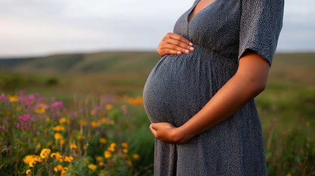 Pregnant woman standing in a field of flowers during sunset. - Powered by Adobe