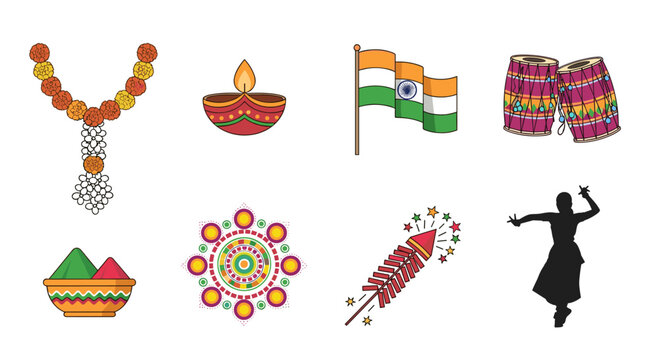 Vibrant diwali celebration symbols including diyas and indian flag