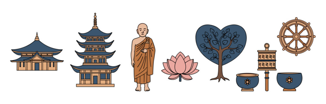 Buddhism icons set: temples, monk, lotus, dharma wheel, tree