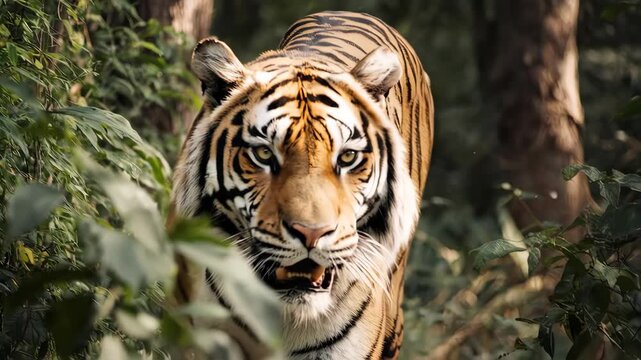 A majestic Bengal tiger with striking stripes and intense eyes emerges from dense green jungle foliage, looking directly at the viewer.