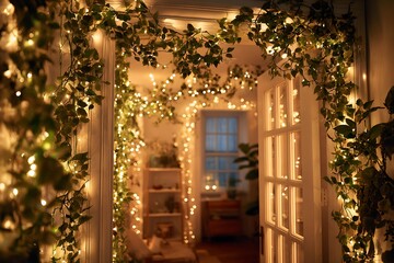 A doorway adorned with Christmas lights and hanging mistletoe, creating a warm and inviting glow in a hallway 