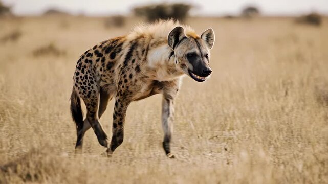 A spotted hyena walks through dry, golden savanna grass in its natural African habitat.