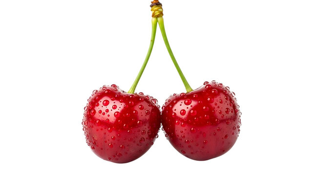 Two ripe red cherries glistening with water droplets against black backdrop - Powered by Adobe