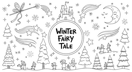 Naklejka premium Whimsical winter fairy tale scene with magical castle and snowflakes