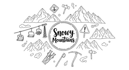 Hand-drawn mountain adventure icon set with skiing and hiking elements