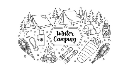 Winter camping adventure in black and white with tents and gear