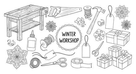 Fototapeta premium Winter workshop outline: holiday craft tools and decorations in black and white