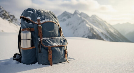 Backpack with thermos resting on snow-covered mountain landscape
