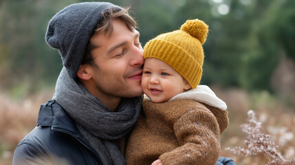 Obraz premium Happy faceless man kissing baby girl walking outdoors in winter, Christmas fall outfit, holiday father holding infant, seasonal brown sweater yellow hat , with copy space