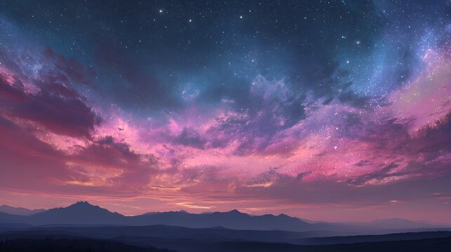 Vibrant twilight sky filled with stars and sweeping clouds above a distant mountain range