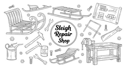 Naklejka premium Vintage sleigh repair tools and workshop elements in detailed line art design