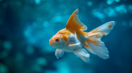 A single goldfish swimming gracefully in a tank with a blurred blue background behind it