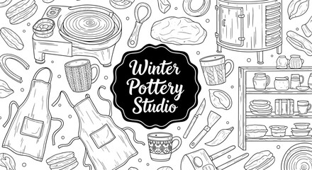 Winter pottery studio pattern with hand drawn craft tools and decor