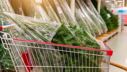 Artificial Christmas tree in a supermarket: a cart with a wrapped tree in first plan, shelves and display of more artificial trees behind, capturing seasonal shopping before the holidays