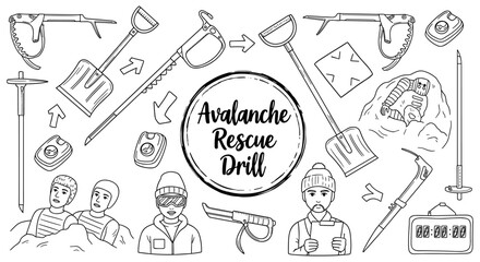 Avalanche rescue equipment and techniques illustrated in linear style for training and awareness