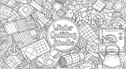 Obraz premium Winter crafts: intricate quilting design with sewing tools and fabrics in detailed doodle art