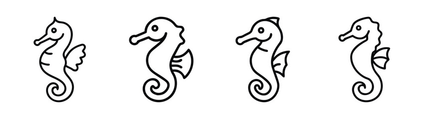 Seahorse outline drawing vector illustration set, sea life animal clip art for kids coloring page