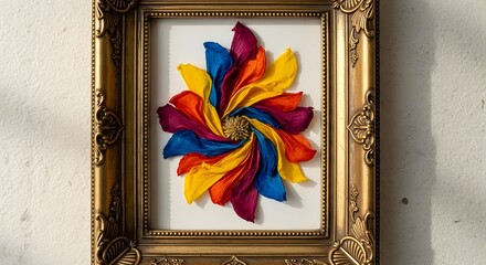 Framed colorful flower art with petals in a spiral pattern on a white wall background art piece