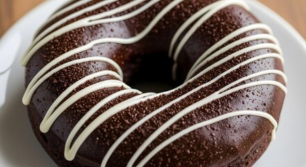 Chocolate donut with white icing drizzle on a white plate displaying sweet treat temptation close up view