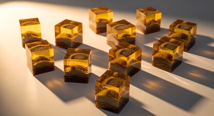 Arrangement of resin cubes with embedded layers of sand and organic material on a white surface