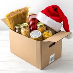 A box of food with pasta jars and a red christmas hat on top for the holidays donation drive event
