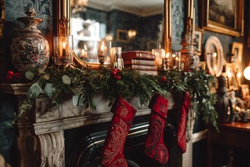 A festive mantelpiece decorated with fresh pine garlands, red stockings, and flickering candlelight, with a mirror reflecting the room 