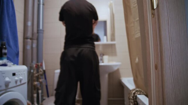Motivational daily life moment showing a man with a disability managing his hygiene routine.
