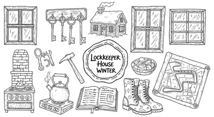 Rustic hand drawn winter elements: lockkeeper house essentials and cozy tools