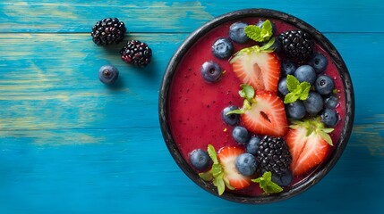 Vibrant berry smoothie bowl topped with fresh fruit sits on a bright blue wooden surface viewed from above