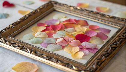 Ornate frame displaying colorful flower petals on a white surface with scattered petals around it