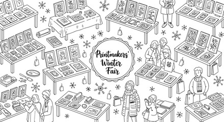 Charming winter fair with handmade art displays in black and white line art style