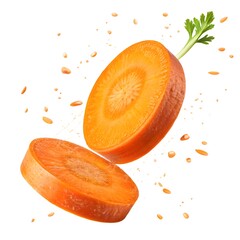 Two carrot slices with a stem and small pieces floating on a white background in a studio shot
